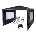 Cort Pavilion cu 2 pereți laterali, metal, 3 m x 3 m, albastru, Relaxdays