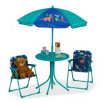 Mobilier exterior pentru copii, masa cu scaune si umbrela, model dinozaru, albastru, Relaxdays