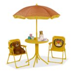 Mobilier exterior pentru copii, masa cu scaune si umbrela, model leu, galben, Relaxdays