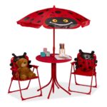 Mobilier exterior pentru copii, masa cu scaune si umbrela, model buburuza, rosu, Relaxdays