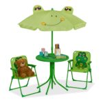 Mobilier exterior pentru copii, masa cu scaune si umbrela, model broasca, verde, Relaxdays