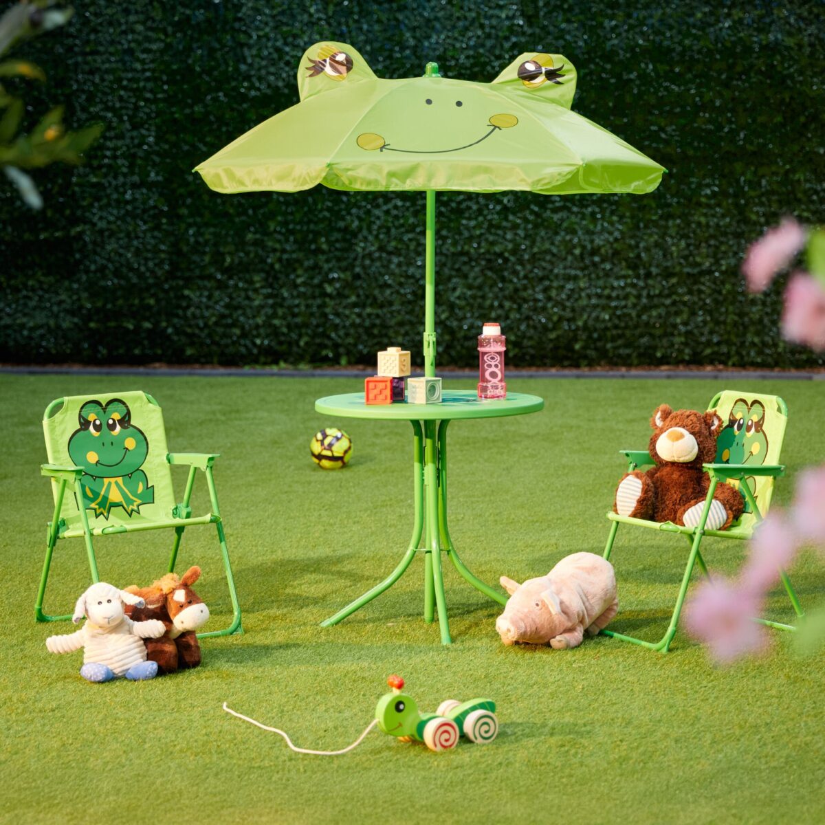 Mobilier exterior pentru copii, masa cu scaune si umbrela, model broasca, verde, Relaxdays - imagine 3