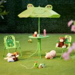 Mobilier exterior pentru copii, masa cu scaune si umbrela, model broasca, verde, Relaxdays - imagine 3