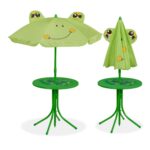 Mobilier exterior pentru copii, masa cu scaune si umbrela, model broasca, verde, Relaxdays - imagine 5
