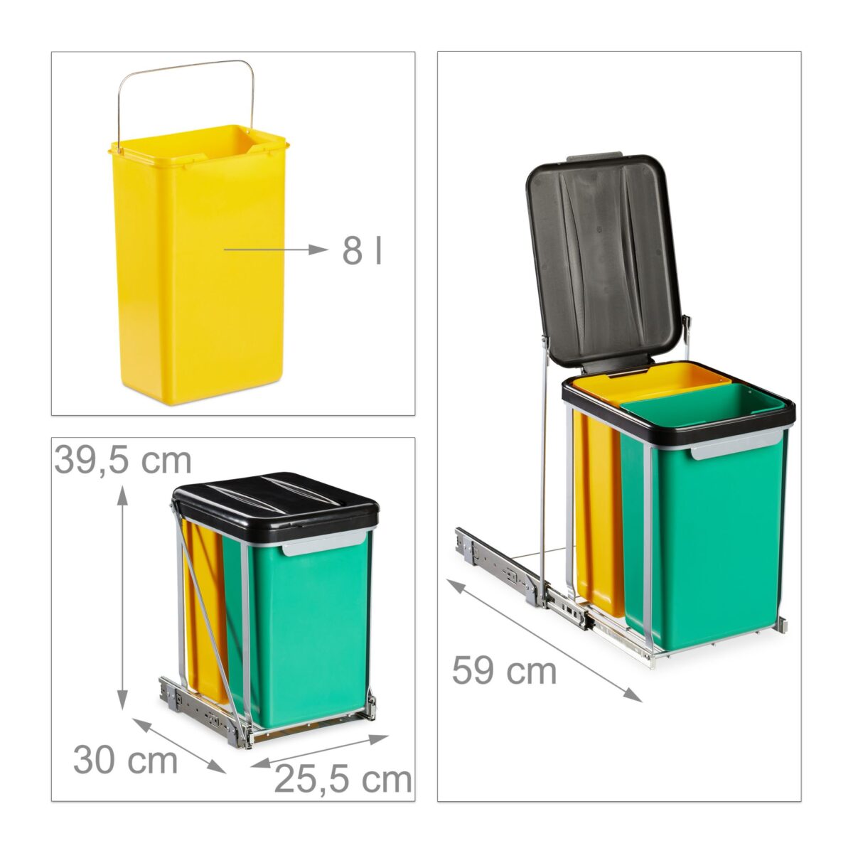 Cos de gunoi incorporabil, reciclare selectiva, 2 x 8 L, capac, plastic/otel, Relaxdays - imagine 3