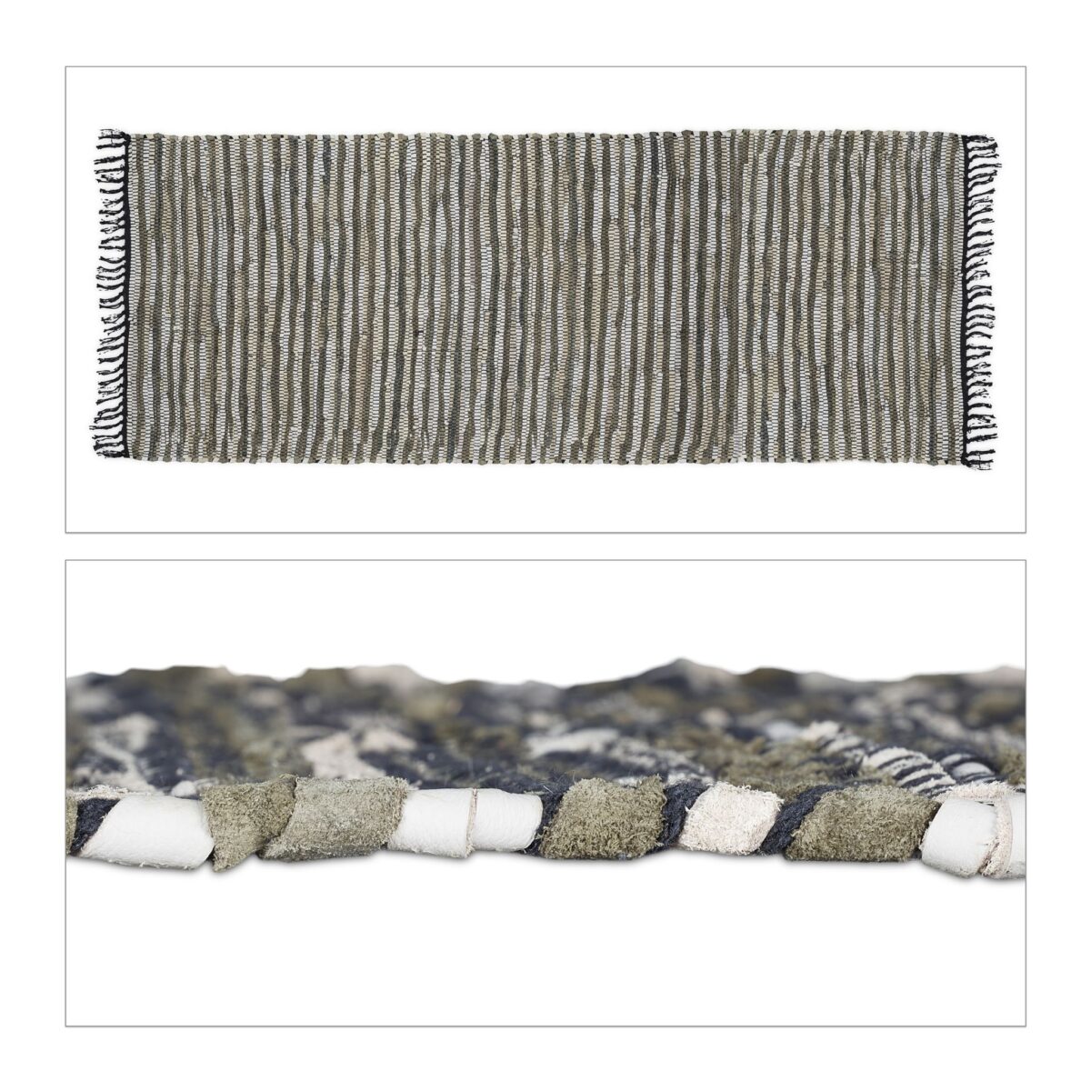 Covor lucrat manual din bumbac si piele, 80 x 200 cm, Relaxdays - imagine 8