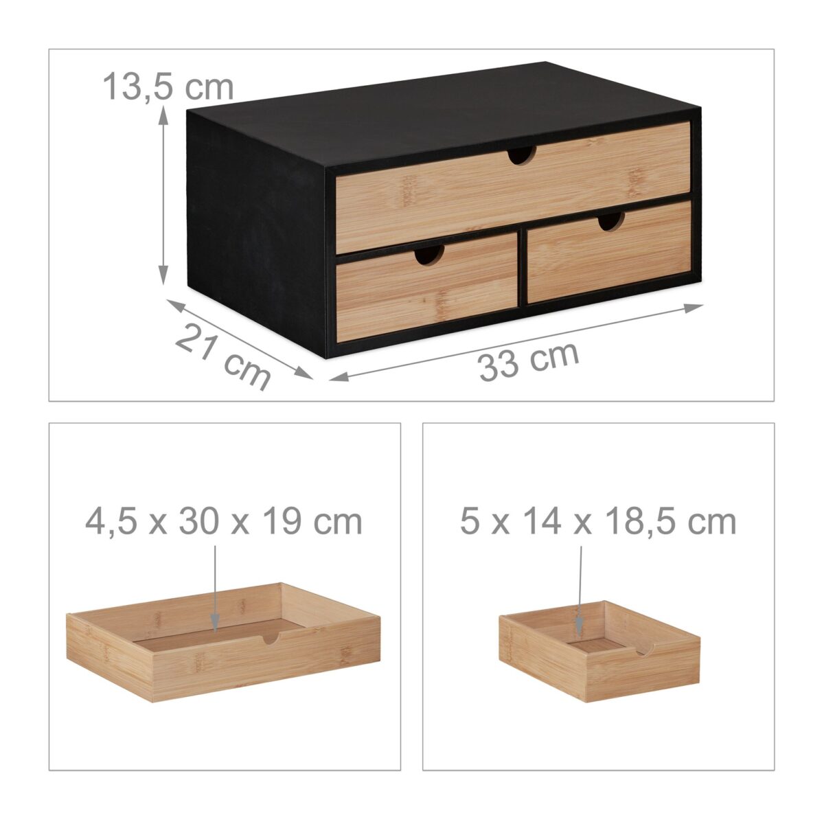 Organizator de birou cu 3 sertare, bambus, MDF, negru, 13,5x33x21cm, Relaxdays - imagine 4