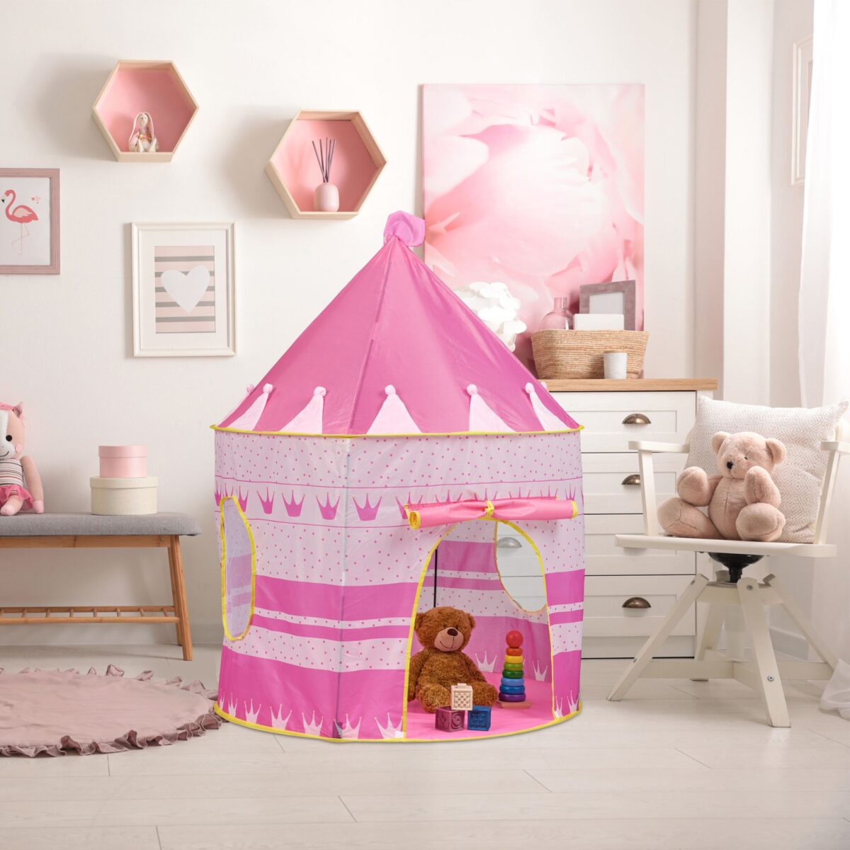 Cort de joaca pentru copii, castel, husa transport, roz, 135 x 100 cm, Relaxdays - imagine 2