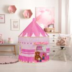 Cort de joaca pentru copii, castel, husa transport, roz, 135 x 100 cm, Relaxdays - imagine 2