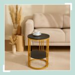 Masuta de cafea, cu raft depozitare, blat negru MDF design marmura, cadru auriu, Relaxdays - imagine 2
