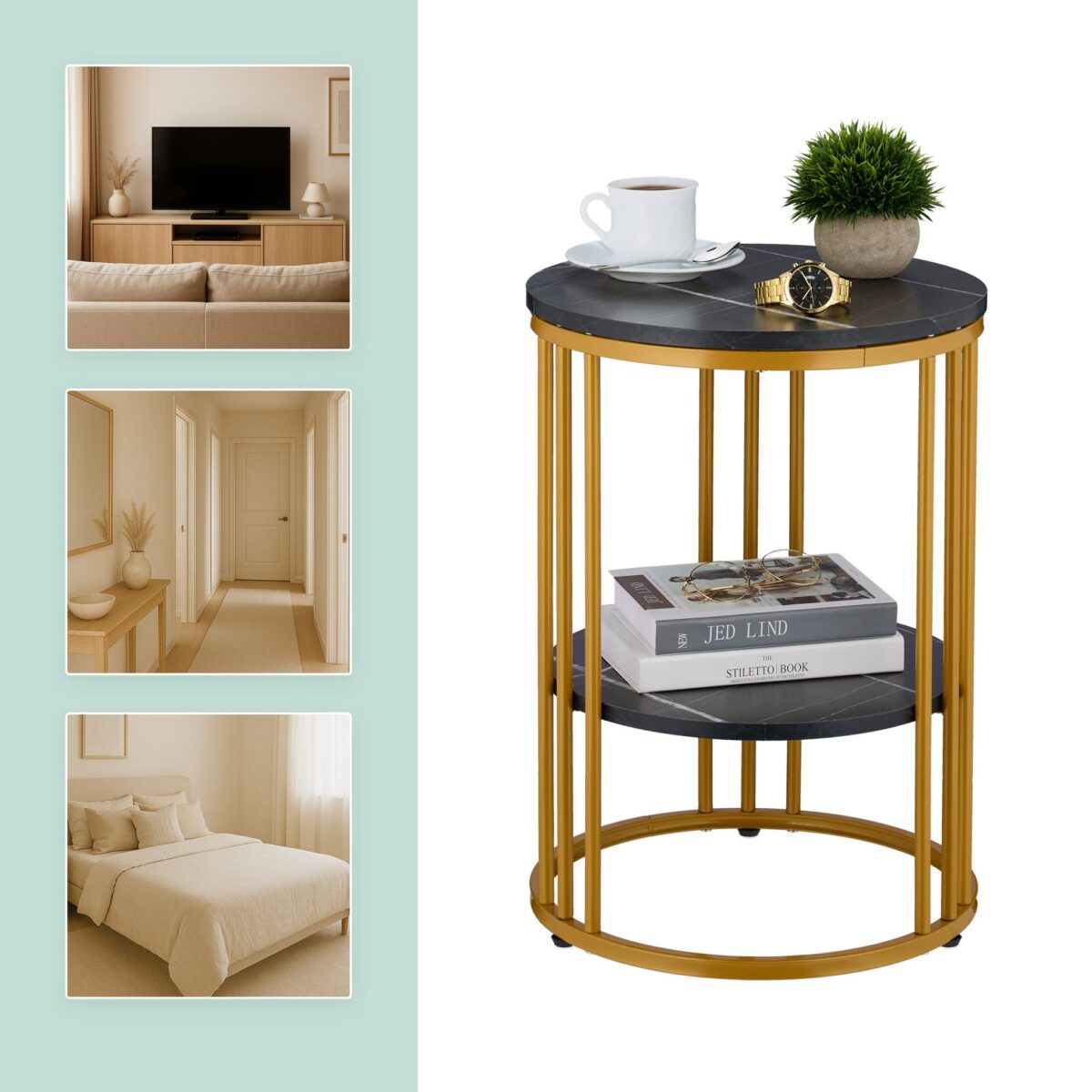 Masuta de cafea, cu raft depozitare, blat negru MDF design marmura, cadru auriu, Relaxdays - imagine 4