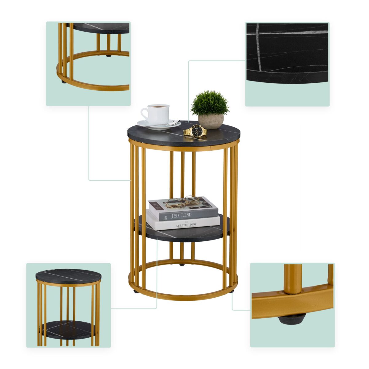 Masuta de cafea, cu raft depozitare, blat negru MDF design marmura, cadru auriu, Relaxdays - imagine 3