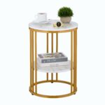Masuta de cafea, cu raft depozitare, blat alb MDF design marmura, cadru auriu, Relaxdays