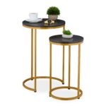 Masute de cafea, blat rotund MDF stil marmura, cadru auriu, design elegant, Relaxdays