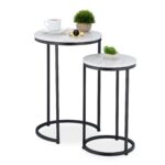 Masute de cafea, blat rotund MDF stil marmura, cadru negru, design elegant, Relaxdays