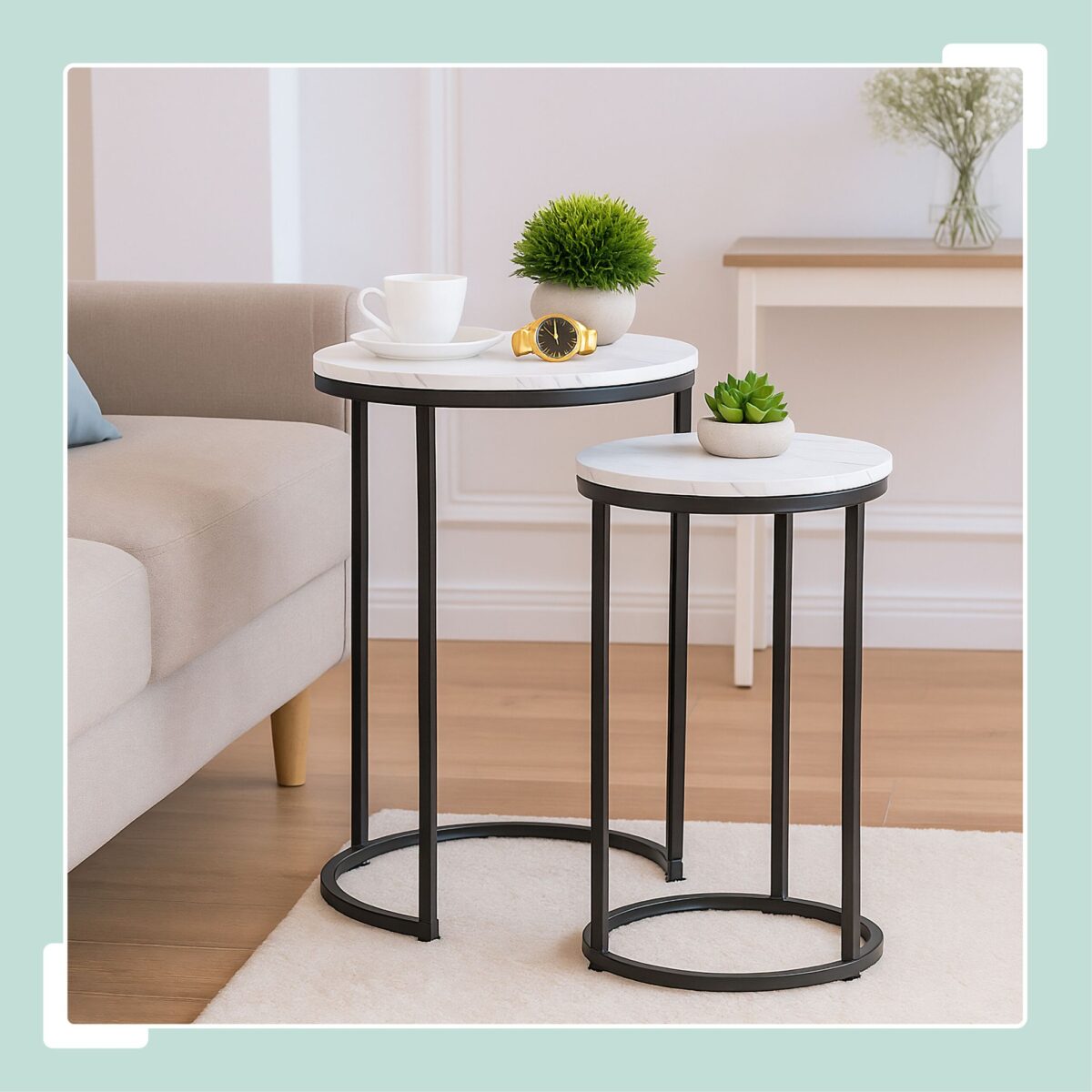 Masute de cafea, blat rotund MDF stil marmura, cadru negru, design elegant, Relaxdays - imagine 2