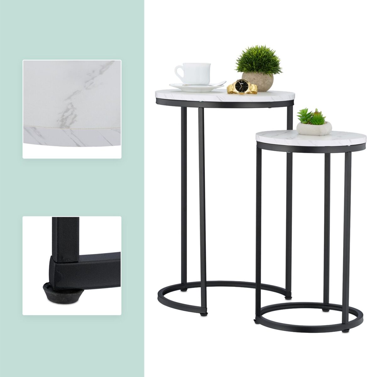 Masute de cafea, blat rotund MDF stil marmura, cadru negru, design elegant, Relaxdays - imagine 4