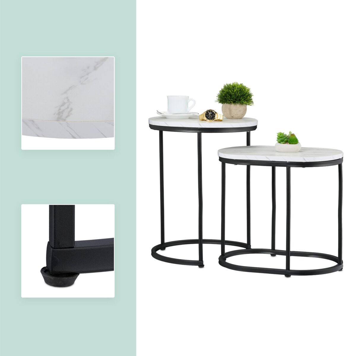 Masute de cafea, blat MDF stil marmura, cadru negru, design elegant, Relaxdays - imagine 4