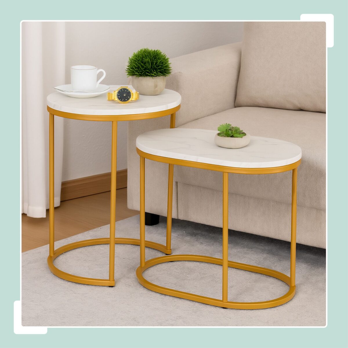 Masute de cafea, blat MDF stil marmura, cadru auriu, design elegant, Relaxdays - imagine 2