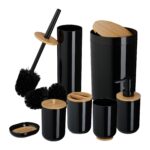 Set de baie cu 7 piese, cos de gunoi 5 l, perie toaleta, dispenser sapun, savoniera, pahar, suport periute, plastic, negru lucios, Relaxdays