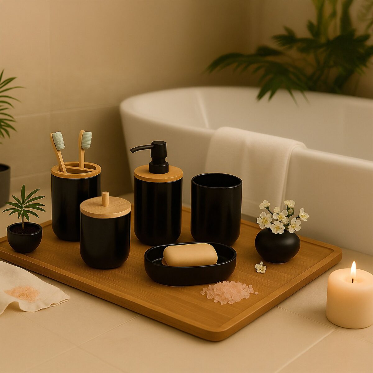 Set de baie cu 7 piese, cos de gunoi 5 l, perie toaleta, dispenser sapun, savoniera, pahar, suport periute, plastic, negru lucios, Relaxdays - imagine 2