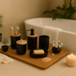 Set de baie cu 7 piese, cos de gunoi 5 l, perie toaleta, dispenser sapun, savoniera, pahar, suport periute, plastic, negru lucios, Relaxdays - imagine 2