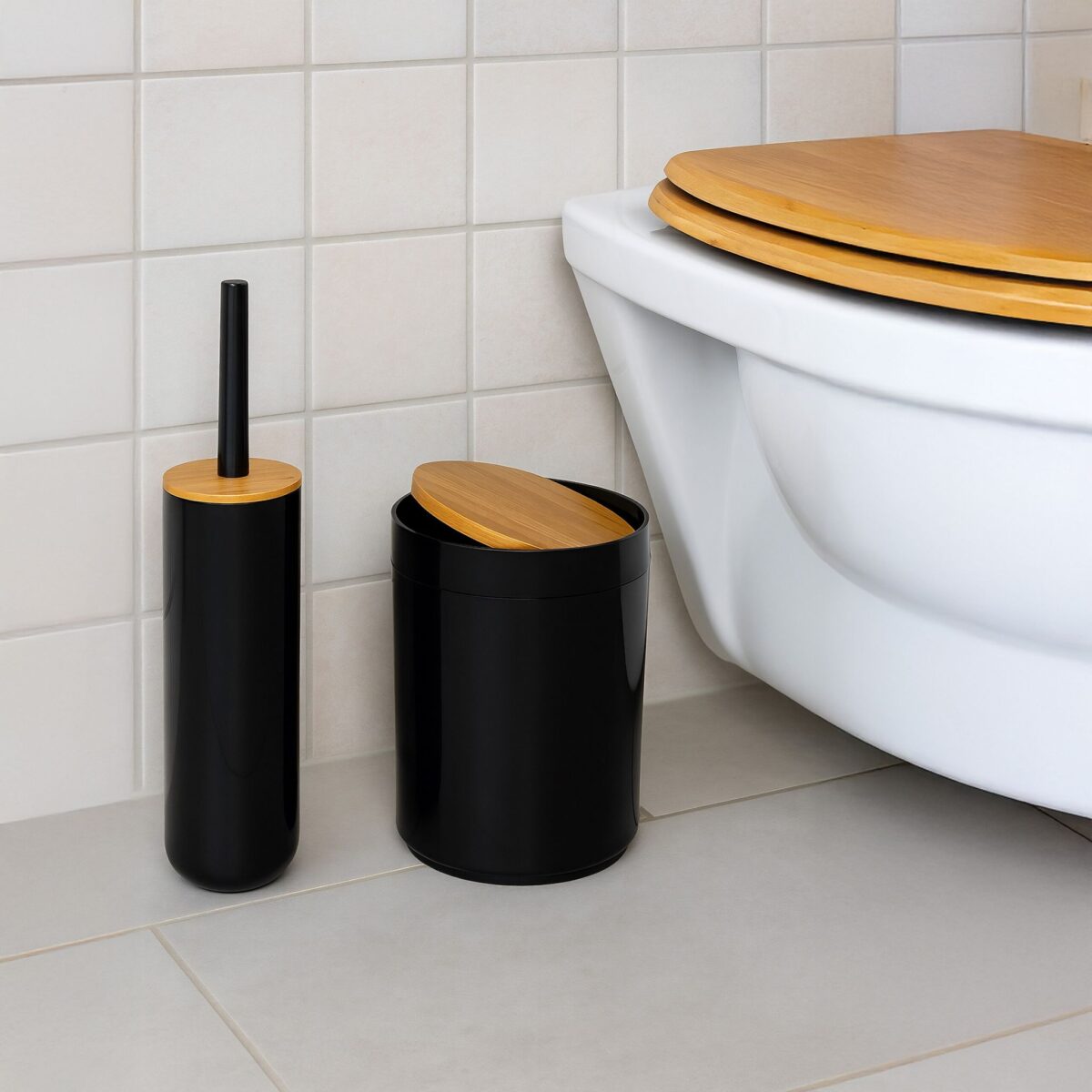 Set de baie cu 7 piese, cos de gunoi 5 l, perie toaleta, dispenser sapun, savoniera, pahar, suport periute, plastic, negru lucios, Relaxdays - imagine 3
