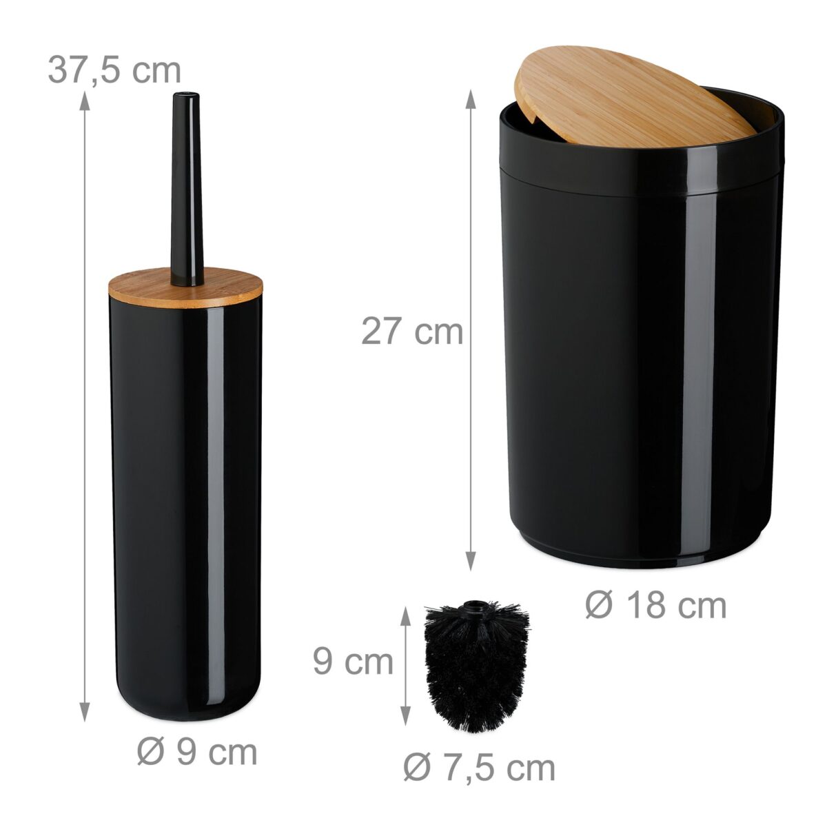 Set de baie cu 7 piese, cos de gunoi 5 l, perie toaleta, dispenser sapun, savoniera, pahar, suport periute, plastic, negru lucios, Relaxdays - imagine 4