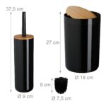 Set de baie cu 7 piese, cos de gunoi 5 l, perie toaleta, dispenser sapun, savoniera, pahar, suport periute, plastic, negru lucios, Relaxdays - imagine 4