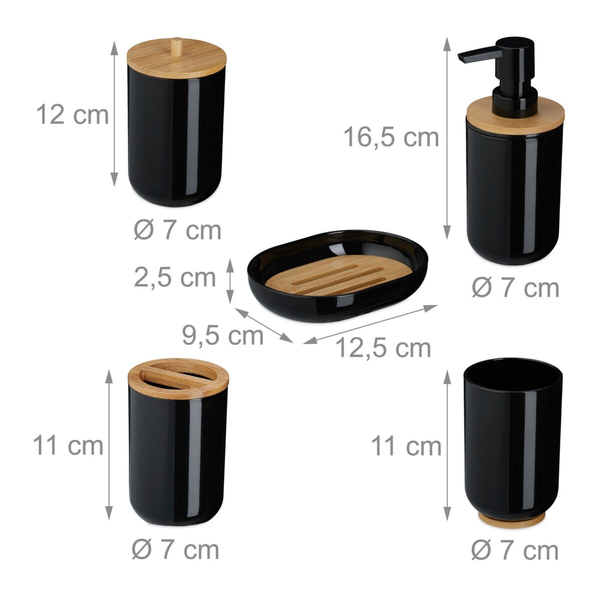 Set de baie cu 7 piese, cos de gunoi 5 l, perie toaleta, dispenser sapun, savoniera, pahar, suport periute, plastic, negru lucios, Relaxdays - imagine 5