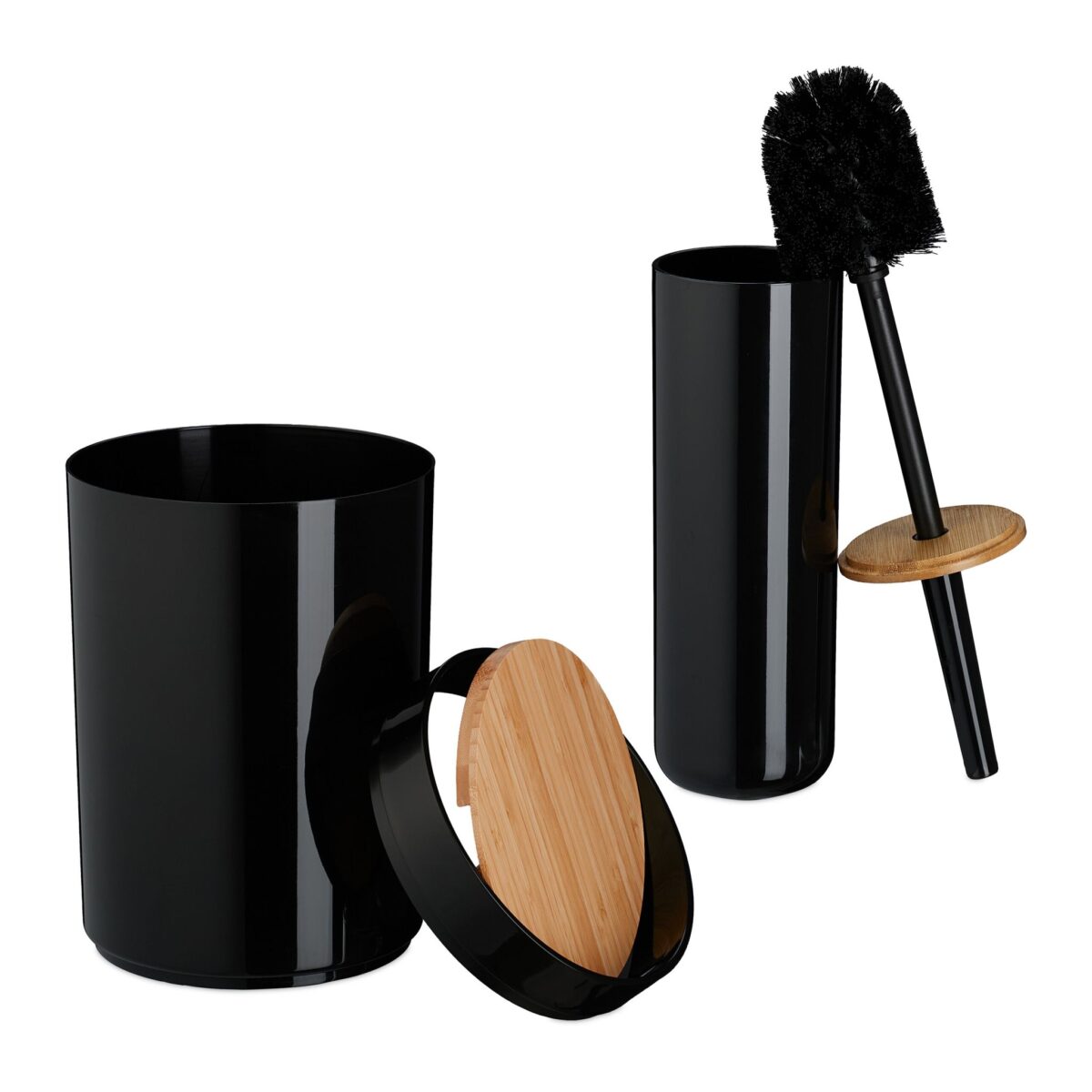 Set de baie cu 7 piese, cos de gunoi 5 l, perie toaleta, dispenser sapun, savoniera, pahar, suport periute, plastic, negru lucios, Relaxdays - imagine 6