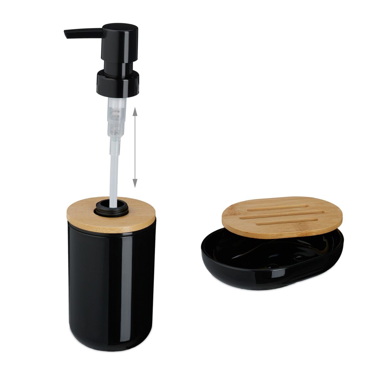Set de baie cu 7 piese, cos de gunoi 5 l, perie toaleta, dispenser sapun, savoniera, pahar, suport periute, plastic, negru lucios, Relaxdays - imagine 7