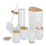 Set de baie cu 7 piese, cos de gunoi 5 l, perie toaleta, dispenser sapun, savoniera, pahar, suport periute, plastic, alb lucios, Relaxdays