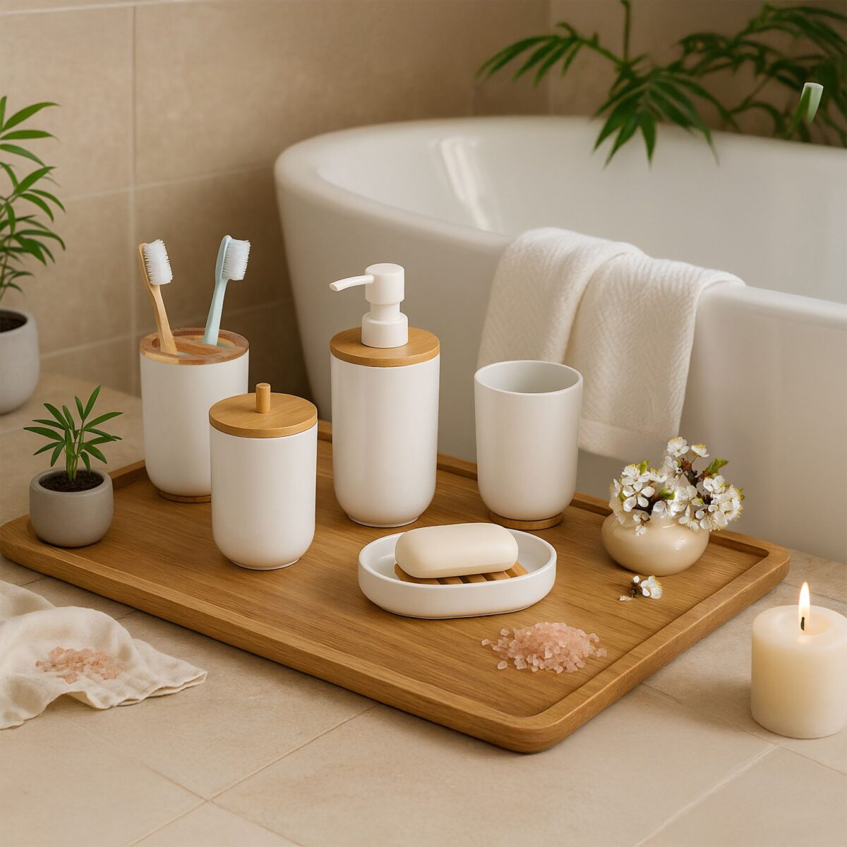 Set de baie cu 7 piese, cos de gunoi 5 l, perie toaleta, dispenser sapun, savoniera, pahar, suport periute, plastic, alb lucios, Relaxdays - imagine 2