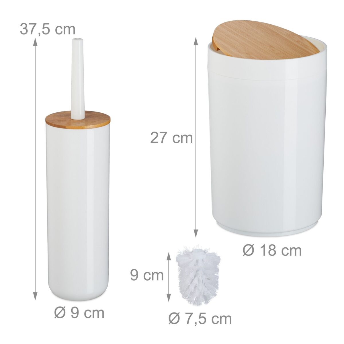 Set de baie cu 7 piese, cos de gunoi 5 l, perie toaleta, dispenser sapun, savoniera, pahar, suport periute, plastic, alb lucios, Relaxdays - imagine 4