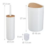 Set de baie cu 7 piese, cos de gunoi 5 l, perie toaleta, dispenser sapun, savoniera, pahar, suport periute, plastic, alb lucios, Relaxdays - imagine 4