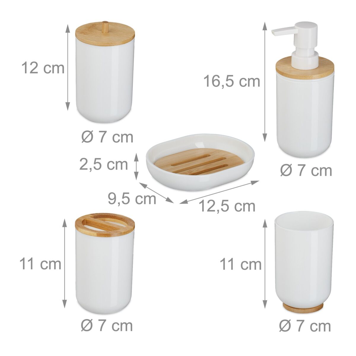 Set de baie cu 7 piese, cos de gunoi 5 l, perie toaleta, dispenser sapun, savoniera, pahar, suport periute, plastic, alb lucios, Relaxdays - imagine 5