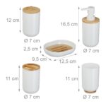 Set de baie cu 7 piese, cos de gunoi 5 l, perie toaleta, dispenser sapun, savoniera, pahar, suport periute, plastic, alb lucios, Relaxdays - imagine 5