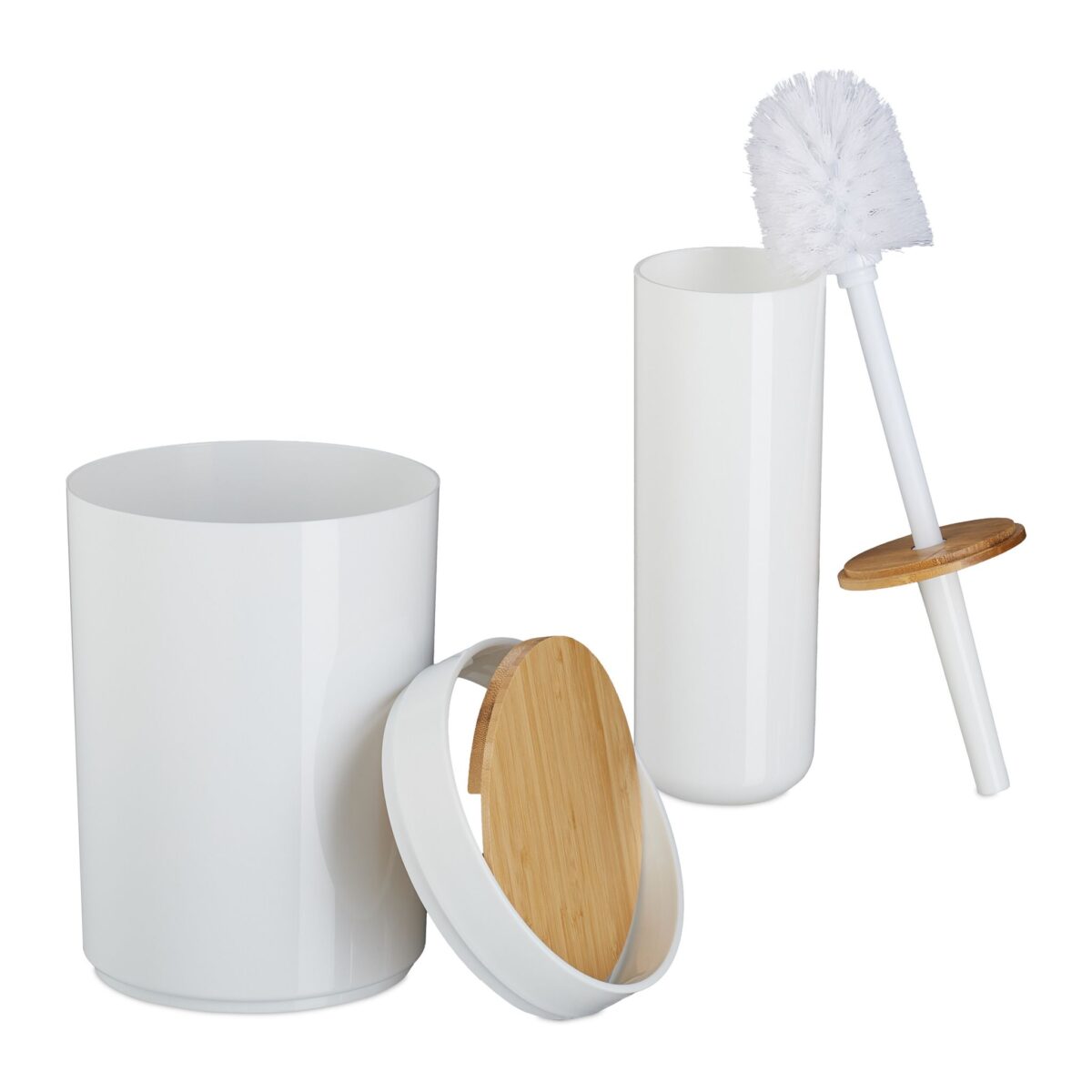 Set de baie cu 7 piese, cos de gunoi 5 l, perie toaleta, dispenser sapun, savoniera, pahar, suport periute, plastic, alb lucios, Relaxdays - imagine 6
