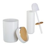 Set de baie cu 7 piese, cos de gunoi 5 l, perie toaleta, dispenser sapun, savoniera, pahar, suport periute, plastic, alb lucios, Relaxdays - imagine 6