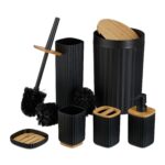 Set de baie cu 6 piese, cos de gunoi 5 l, perie toaleta, dispenser sapun, savoniera, pahar, suport periute, plastic, negru, Relaxdays