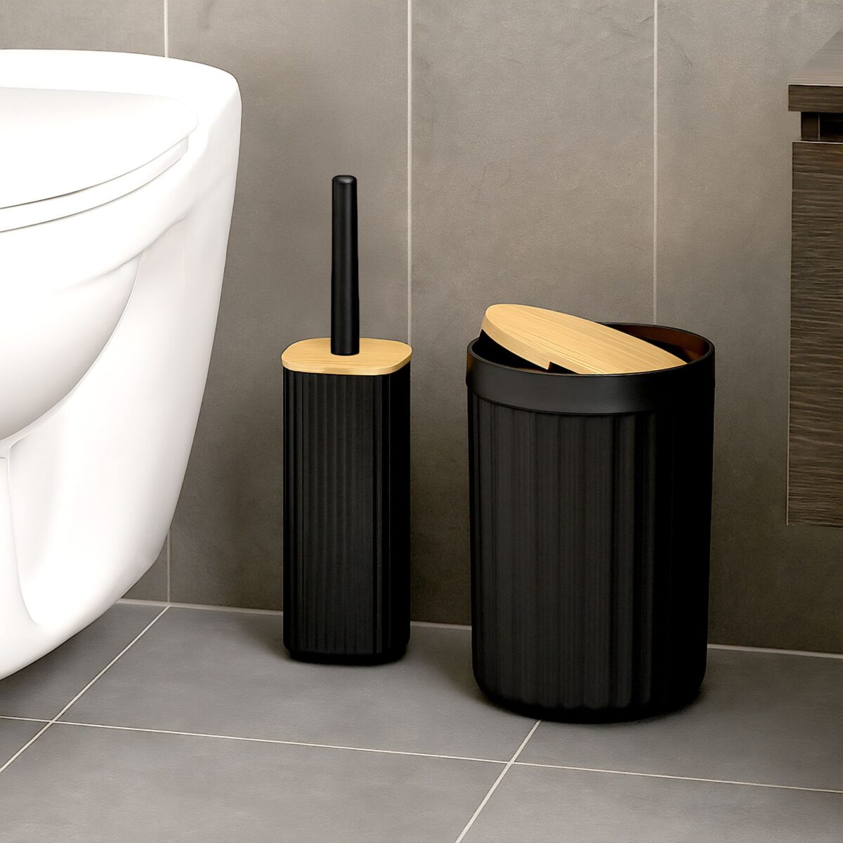 Set de baie cu 6 piese, cos de gunoi 5 l, perie toaleta, dispenser sapun, savoniera, pahar, suport periute, plastic, negru, Relaxdays - imagine 2