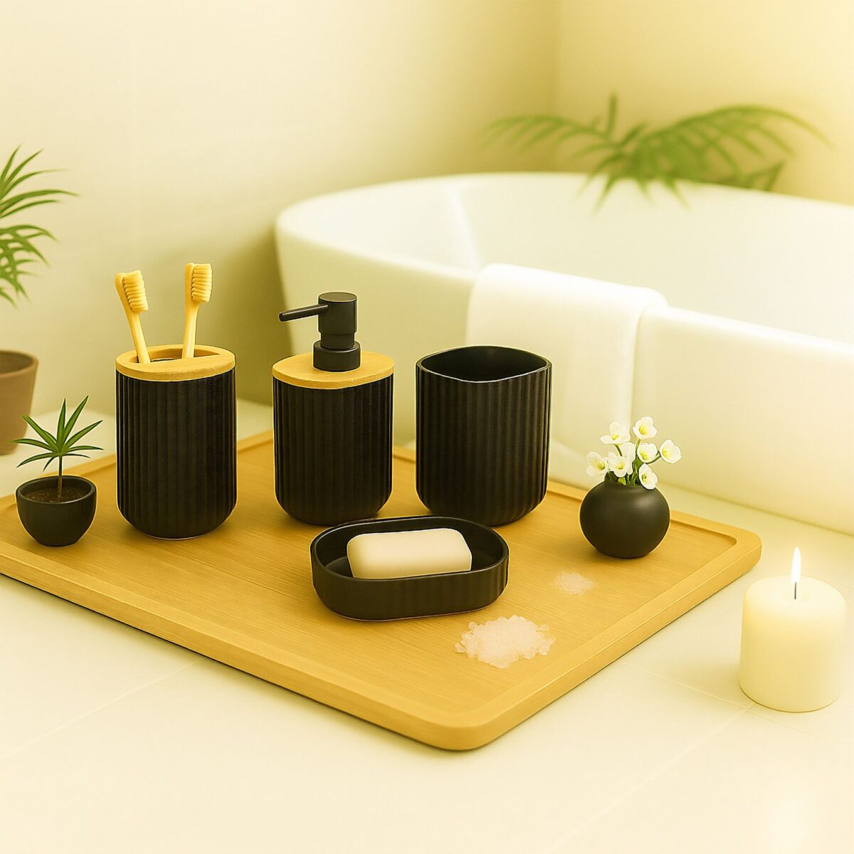 Set de baie cu 6 piese, cos de gunoi 5 l, perie toaleta, dispenser sapun, savoniera, pahar, suport periute, plastic, negru, Relaxdays - imagine 3