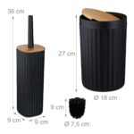 Set de baie cu 6 piese, cos de gunoi 5 l, perie toaleta, dispenser sapun, savoniera, pahar, suport periute, plastic, negru, Relaxdays - imagine 4