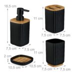 Set de baie cu 6 piese, cos de gunoi 5 l, perie toaleta, dispenser sapun, savoniera, pahar, suport periute, plastic, negru, Relaxdays - imagine 5