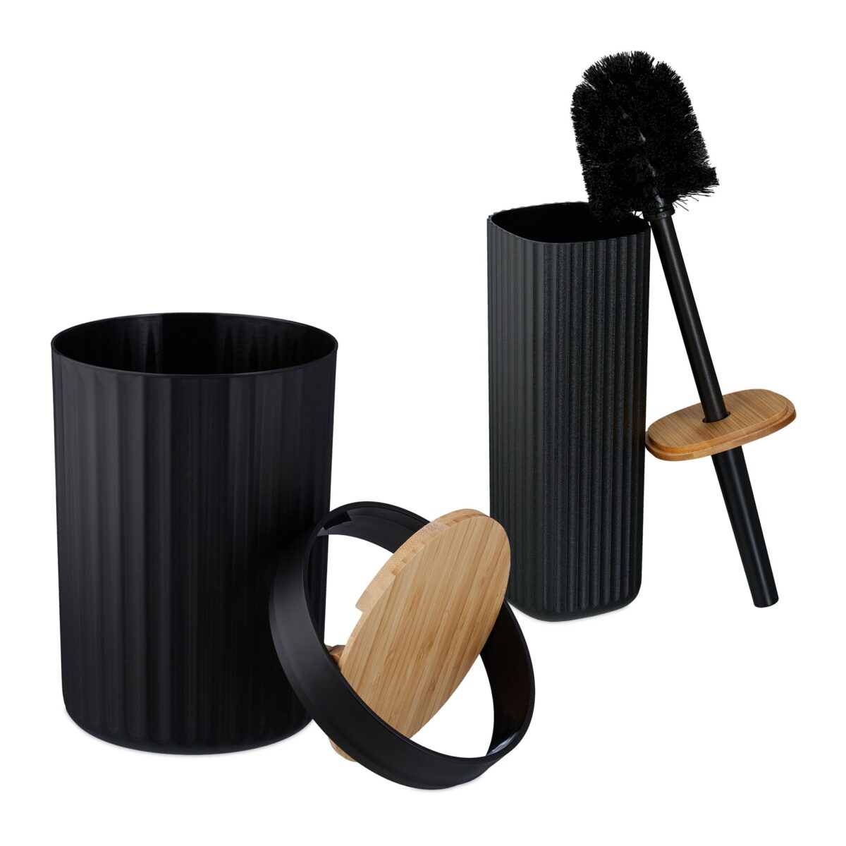Set de baie cu 6 piese, cos de gunoi 5 l, perie toaleta, dispenser sapun, savoniera, pahar, suport periute, plastic, negru, Relaxdays - imagine 6