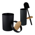 Set de baie cu 6 piese, cos de gunoi 5 l, perie toaleta, dispenser sapun, savoniera, pahar, suport periute, plastic, negru, Relaxdays - imagine 6