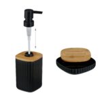 Set de baie cu 6 piese, cos de gunoi 5 l, perie toaleta, dispenser sapun, savoniera, pahar, suport periute, plastic, negru, Relaxdays - imagine 7