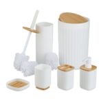 Set de baie cu 6 piese, cos de gunoi 5 l, perie toaleta, dispenser sapun, savoniera, pahar, suport periute, plastic, alb, Relaxdays