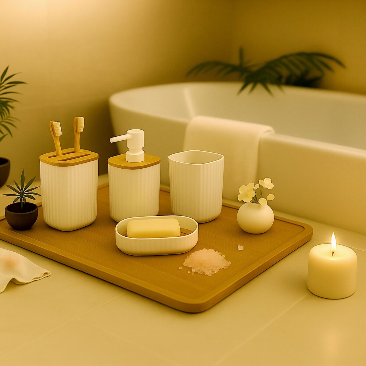 Set de baie cu 6 piese, cos de gunoi 5 l, perie toaleta, dispenser sapun, savoniera, pahar, suport periute, plastic, alb, Relaxdays - imagine 2